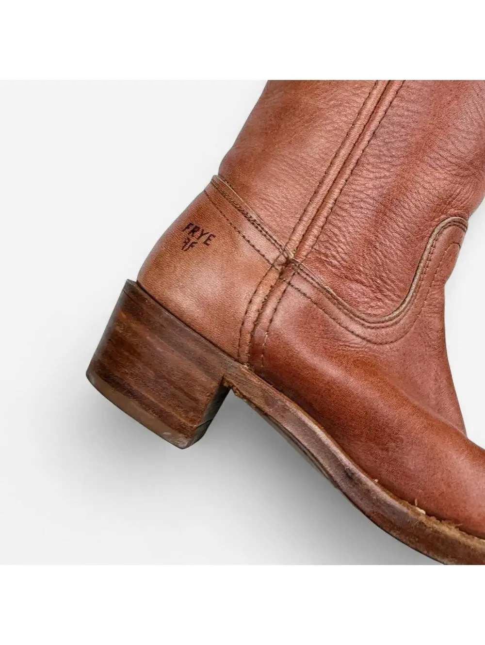 Frye 70s Campus Boots Tall Leather Stacked Heel in Cognac Brown